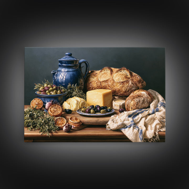 Mediterranean Olives Bread and Cheese Board Canvas Print, Restaurant Art, Bedroom Wall Art, Restaurant Decor, Bistro, RES-3x2-13