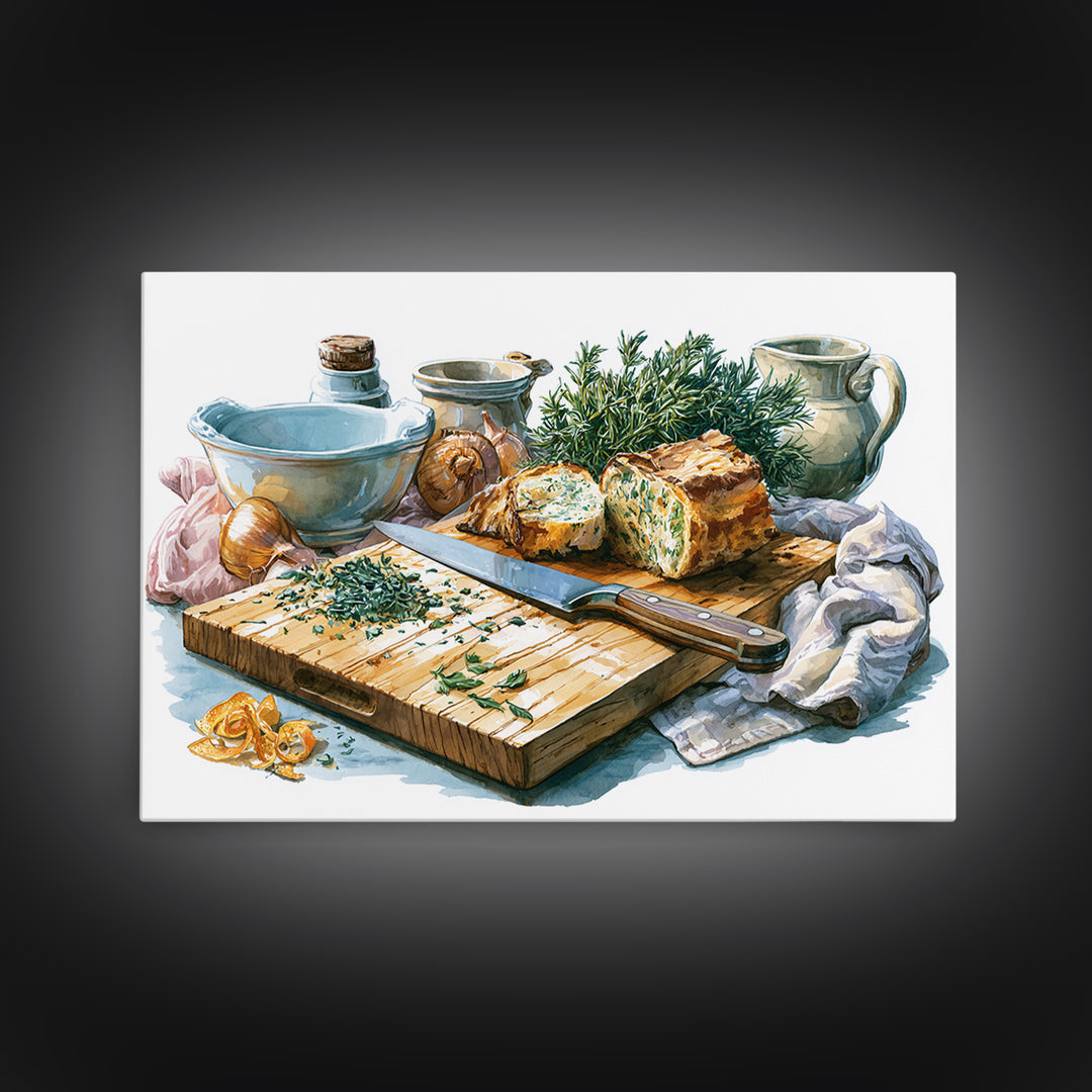 Chef Knife Herbs and Cutting Board Still Canvas Print, Restaurant Art, Kitchen Wall Decor, Restaurant Decor, Fine Art, Bistro, RES-3x2-17