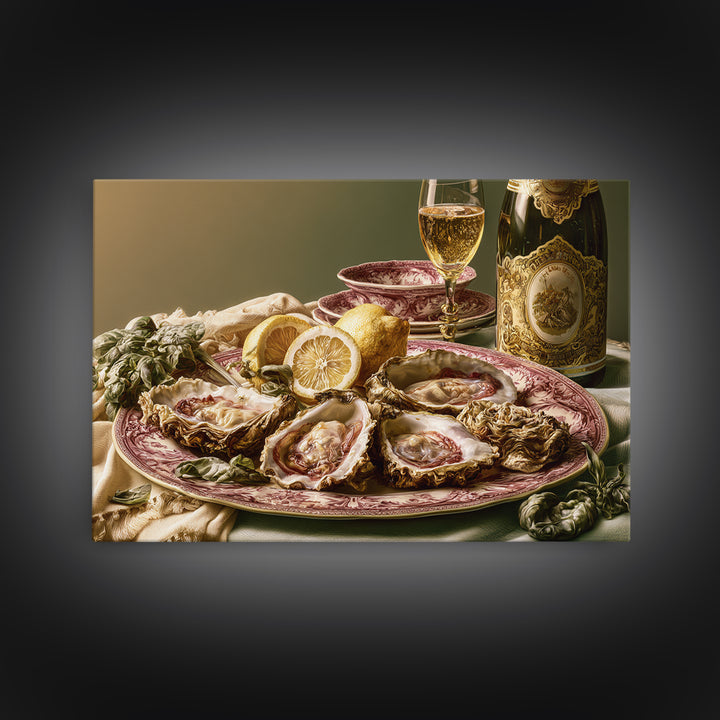 Oyster Platter with Lemons and Champagne Framed Canvas Print, Restaurant Art, Statement Artwork, Restaurant Decor, Bistro, RES-3x2-31