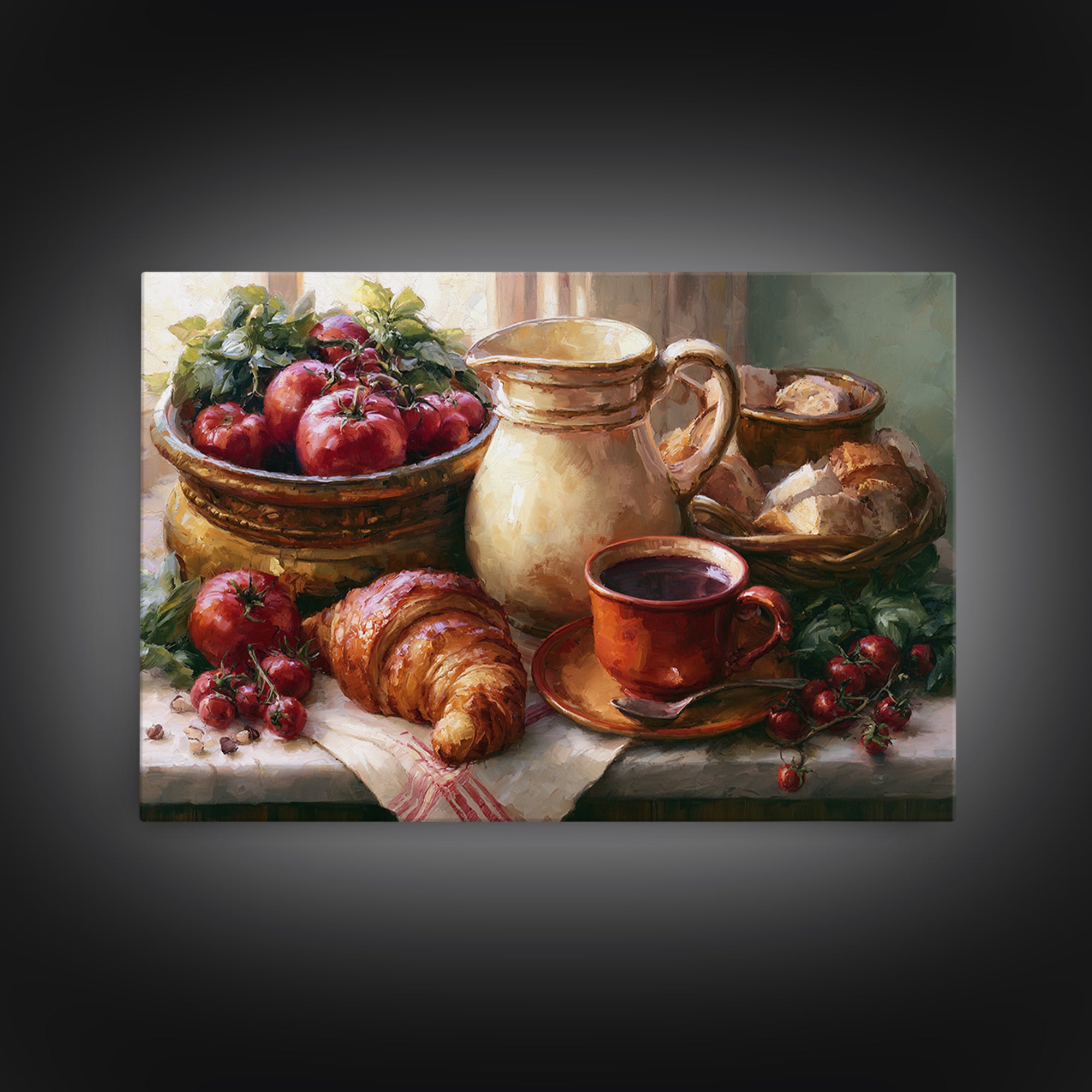 French Bistro Coffee and Croissant Still Life Canvas Print, Restaurant Art, Bedroom Wall Art, Restaurant Decor, Watercolor Art, RES-3x2-34