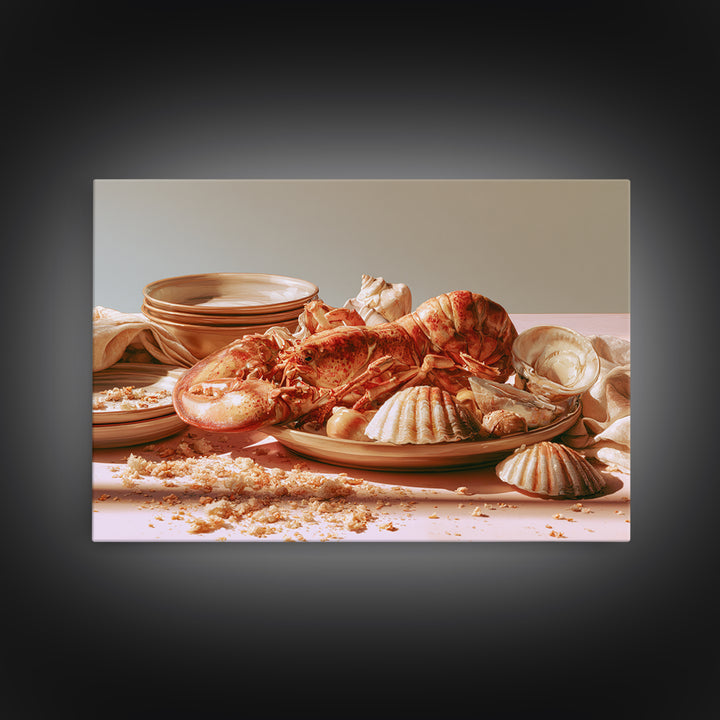 Seafood Lobster and Shell Arrangement Framed Canvas Print, Restaurant Art, Cool Wall Art, Restaurant Decor, Fine Art, Bistro, RES-3x2-36