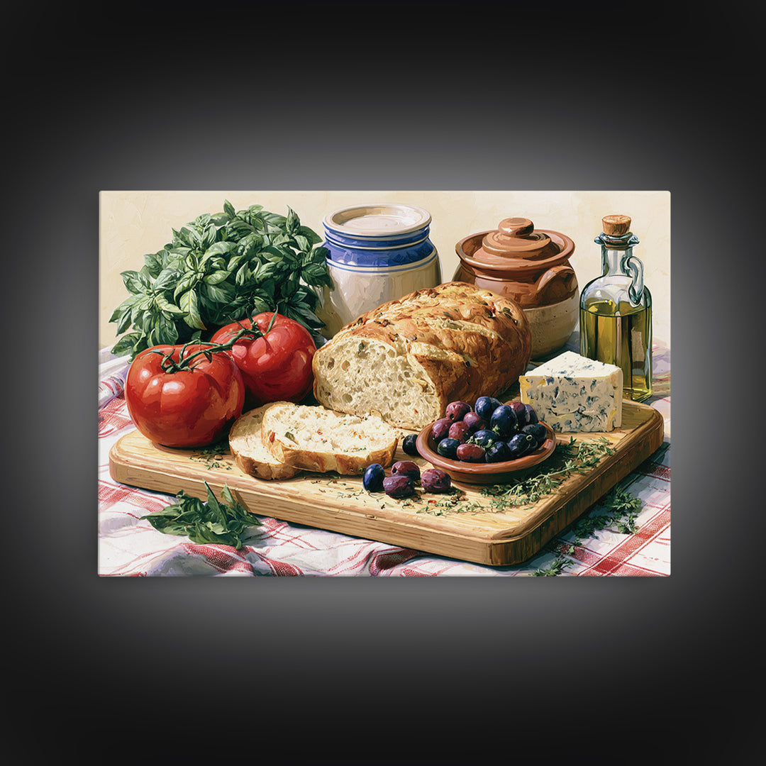 Mediterranean Olives Bread and Cheese Board Canvas Print, Restaurant Art, Food Art, Restaurant Decor, Oil Painting, Bistro, RES-3x2-37