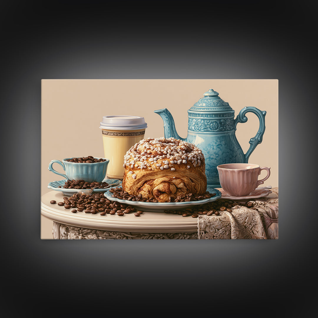 Coffee Beans and Pastry Arrangement Framed Canvas Print, Restaurant Art, Watercolor Painting, Restaurant Decor, Oil Painting, RES-3x2-50