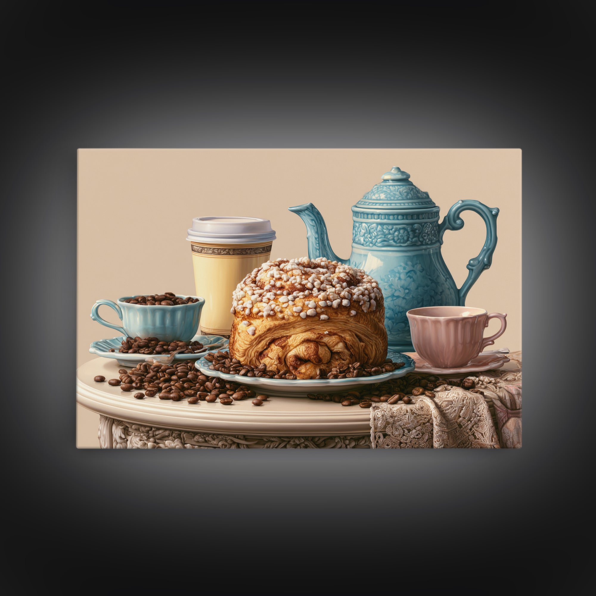 Coffee Beans and Pastry Arrangement Framed Canvas Print, Restaurant Art, Watercolor Painting, Restaurant Decor, Oil Painting, RES-3x2-50