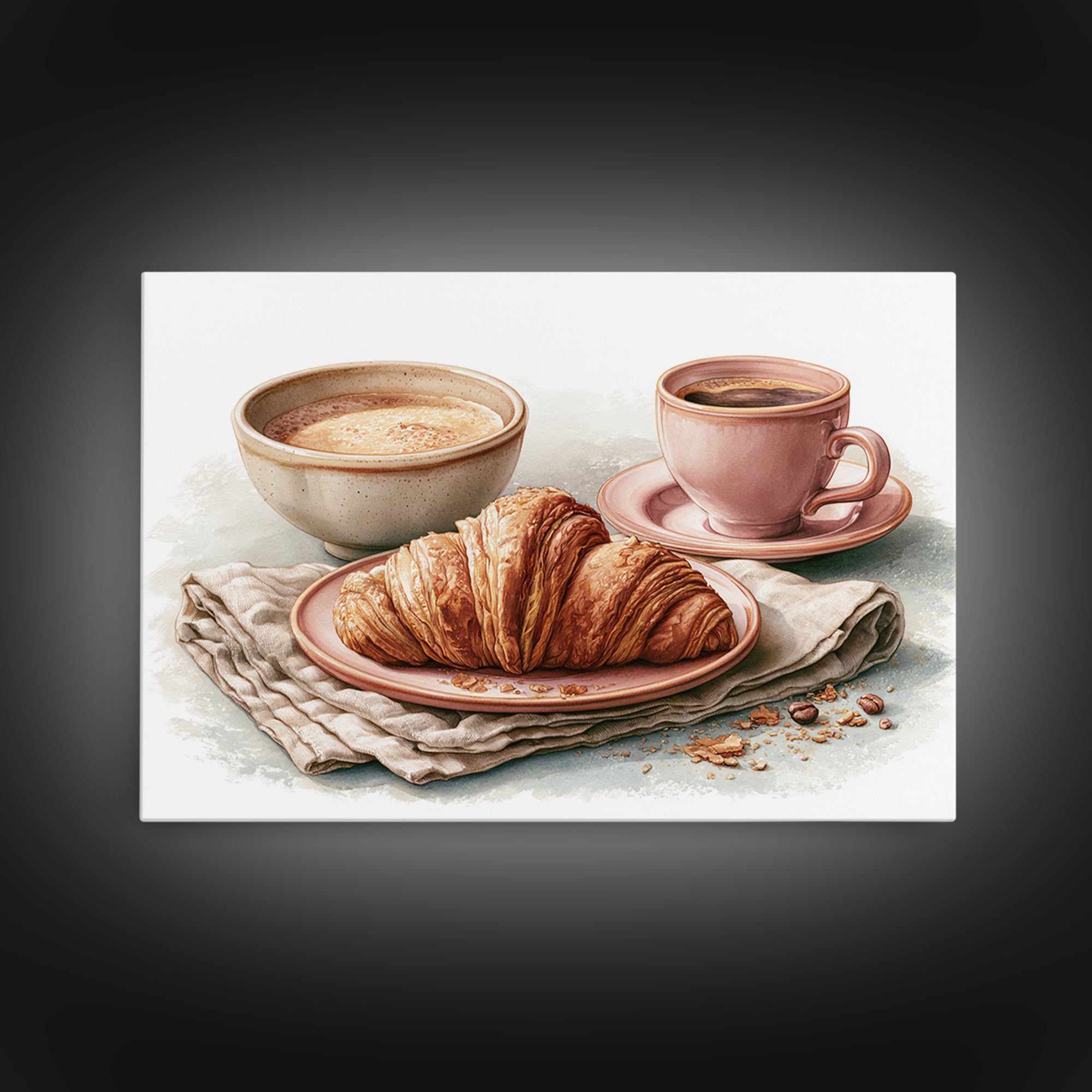 French Bistro Coffee and Croissant Still Life Canvas Print, Restaurant Art, Bedroom Wall Art, Restaurant Decor, Watercolor Art, RES-3x2-58