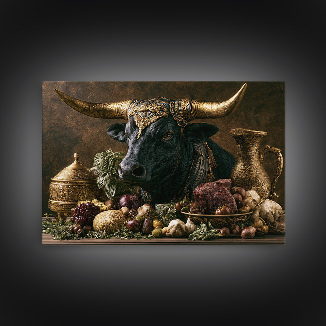 Steakhouse Black and Gold Bull Portrait Framed Canvas Print, Restaurant Art, Wall Art Prints, Restaurant Decor, Bistro, RES-3x2-59