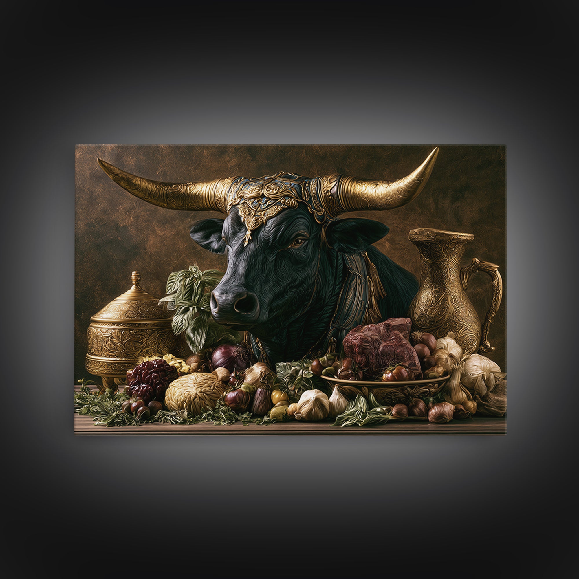 Steakhouse Black and Gold Bull Portrait Framed Canvas Print, Restaurant Art, Wall Art Prints, Restaurant Decor, Bistro, RES-3x2-59