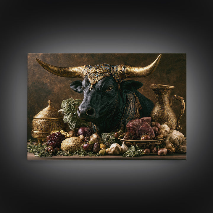 Steakhouse Black and Gold Bull Portrait Framed Canvas Print, Restaurant Art, Wall Art Prints, Restaurant Decor, Bistro, RES-3x2-59
