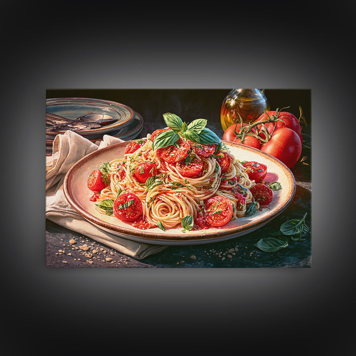 Fresh Pasta with Tomatoes and Basil Framed Canvas Print, Restaurant Art, Kitchen Art, Restaurant Decor, Fine Art, Bistro, RES-3x2-6