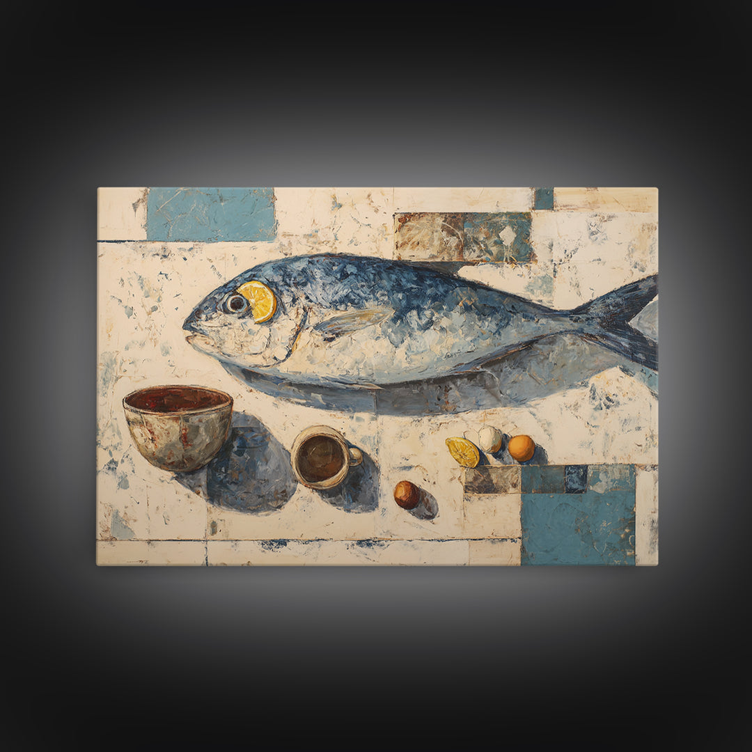 Seafood Lobster and Shell Arrangement Framed Canvas Print, Restaurant Art, Textured Painting, Restaurant Decor, Bistro, RES-3x2-60