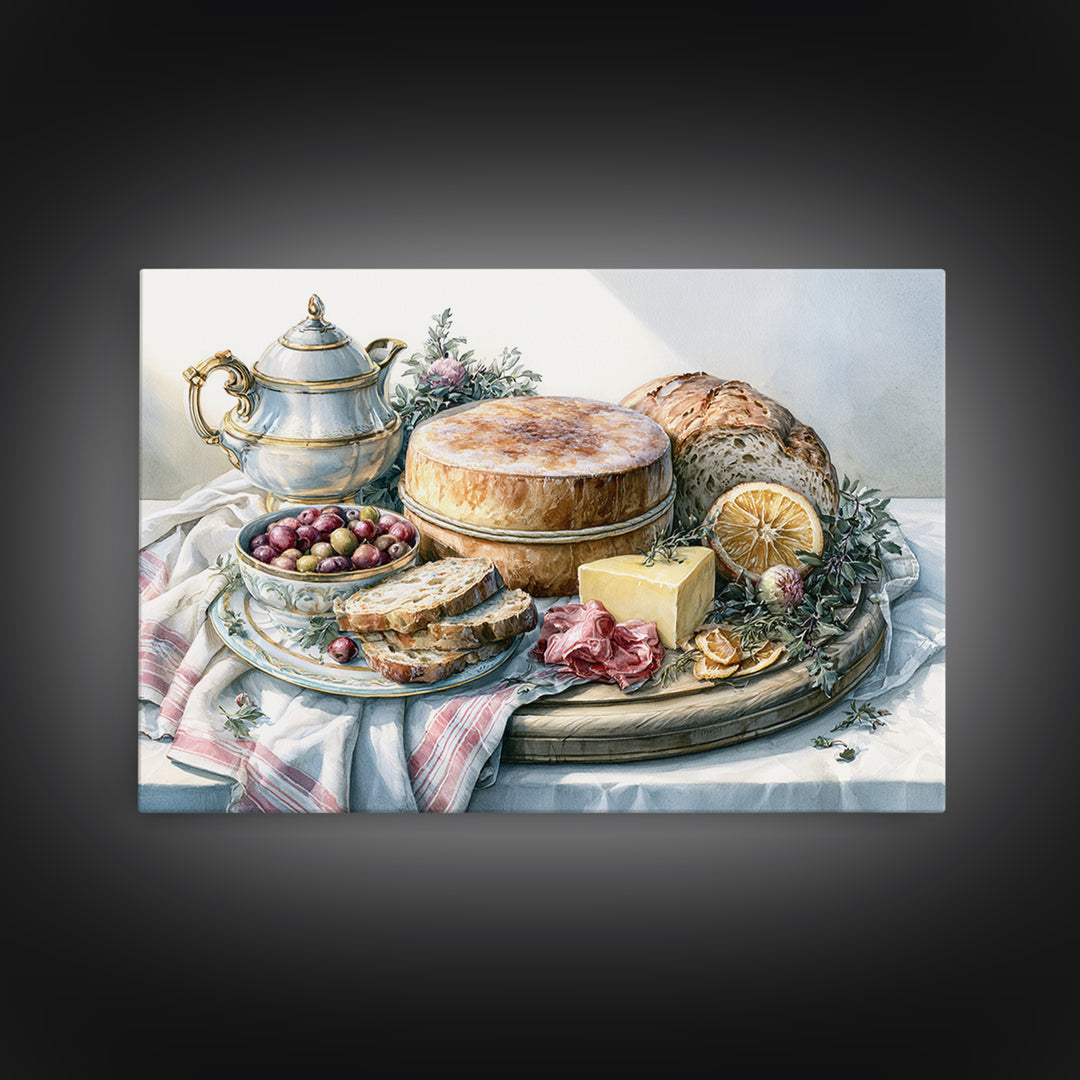 Mediterranean Olives Bread and Cheese Board Canvas Print, Restaurant Art, Food Art, Restaurant Decor, Oil Painting, Bistro, RES-3x2-61