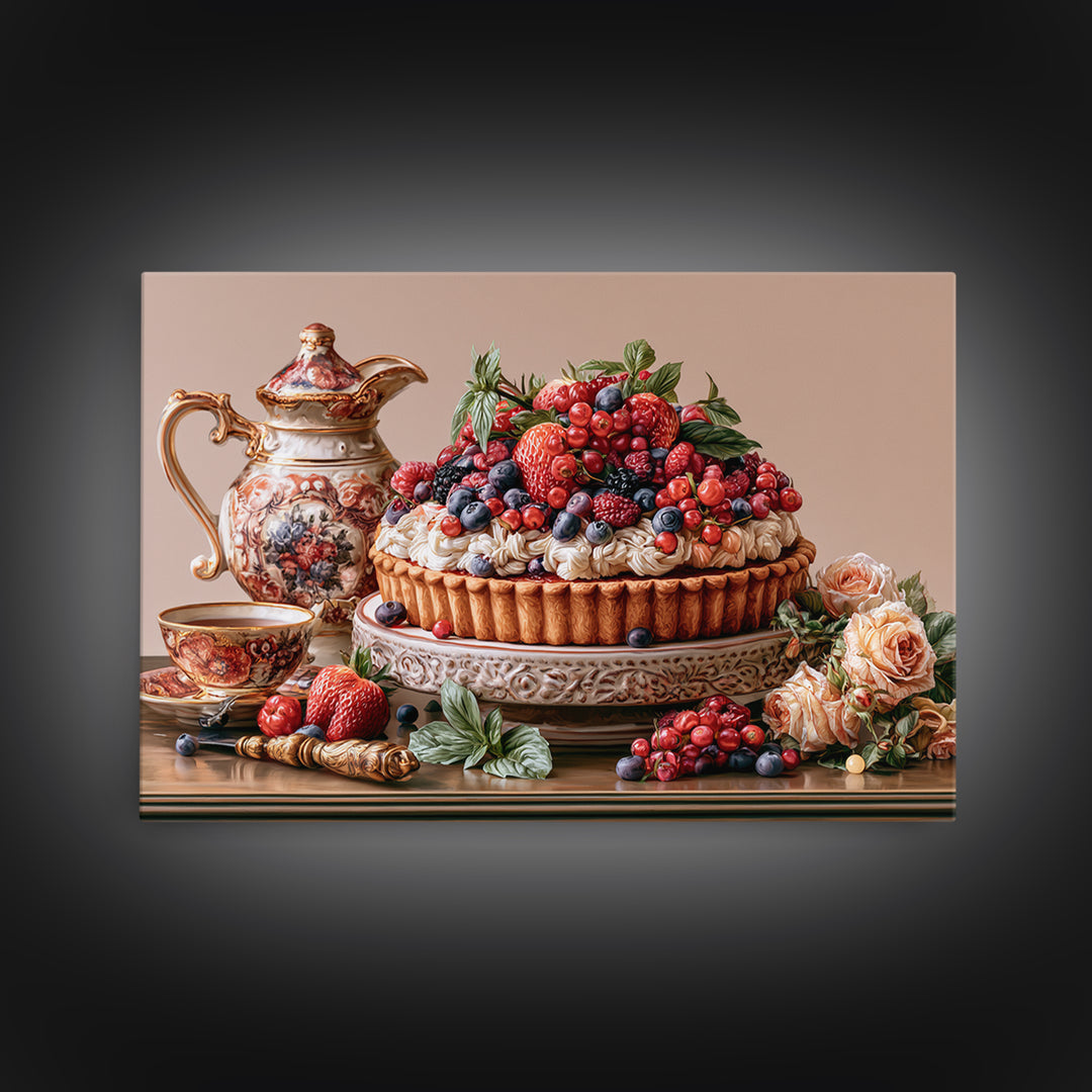 Dessert Tart with Berries and Cream Canvas Print, Restaurant Art, Minimalist Decor, Restaurant Decor, Fine Art, Bistro, RES-3x2-68