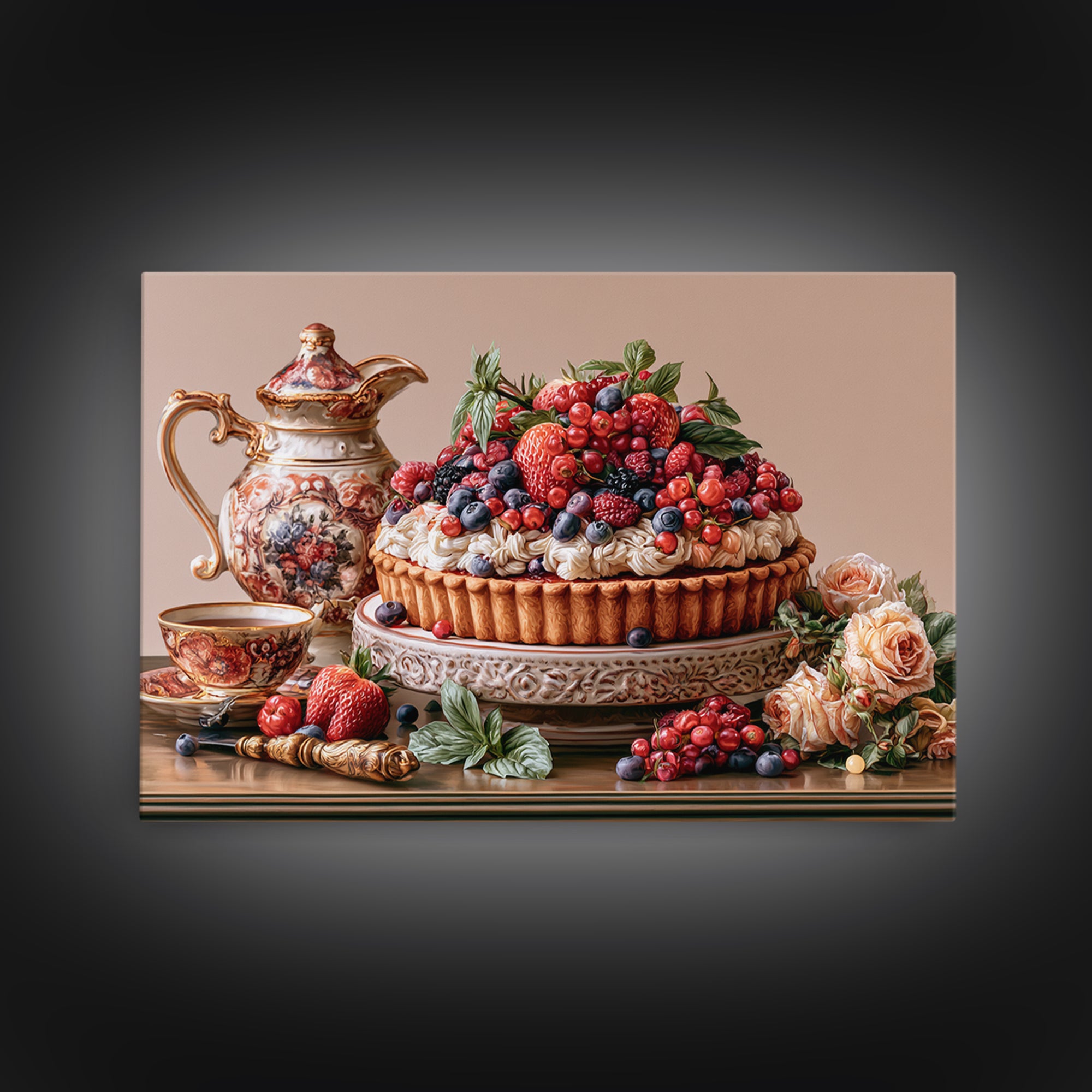 Dessert Tart with Berries and Cream Canvas Print, Restaurant Art, Minimalist Decor, Restaurant Decor, Fine Art, Bistro, RES-3x2-68