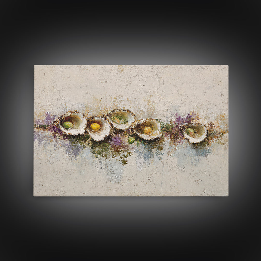 Oyster Platter with Lemons and Champagne Framed Canvas Print, Restaurant Art, Kitchen Wall Art, Restaurant Decor, Abstract Art, RES-3x2-7