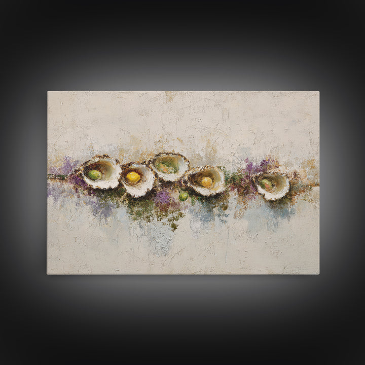 Oyster Platter with Lemons and Champagne Framed Canvas Print, Restaurant Art, Kitchen Wall Art, Restaurant Decor, Abstract Art, RES-3x2-7