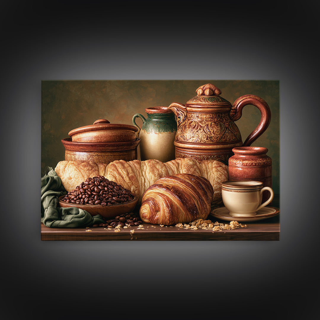 Coffee Beans and Pastry Arrangement Framed Canvas Print, Restaurant Art, Watercolor Painting, Restaurant Decor, Oil Painting, RES-3x2-74