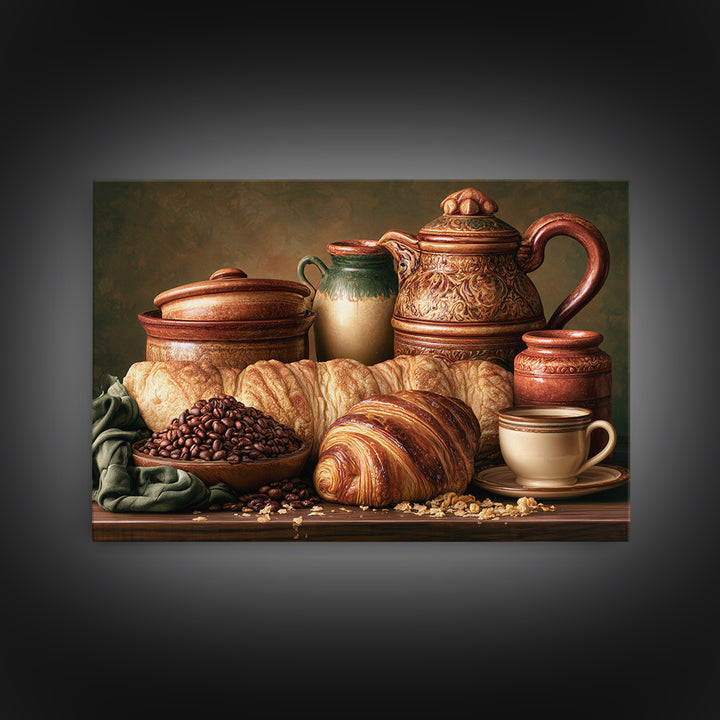 Coffee Beans and Pastry Arrangement Framed Canvas Print, Restaurant Art, Watercolor Painting, Restaurant Decor, Oil Painting, RES-3x2-74
