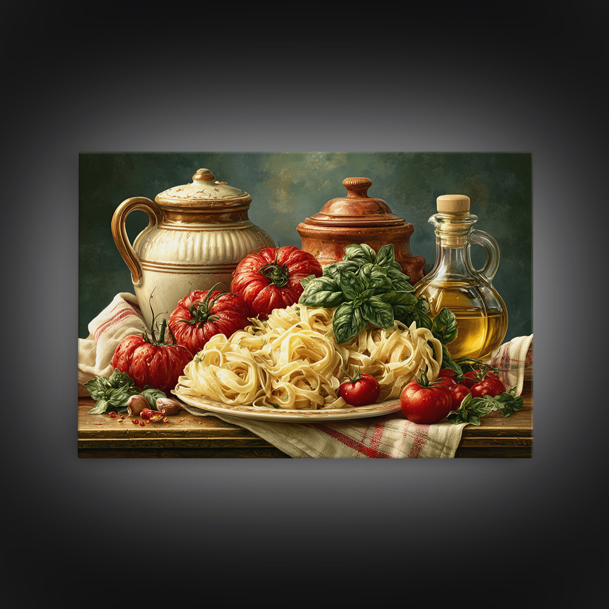 Fresh Pasta with Tomatoes and Basil Framed Canvas Print, Restaurant Art, Cool Wall Art, Restaurant Decor, Fine Art, Bistro, RES-3x2-78