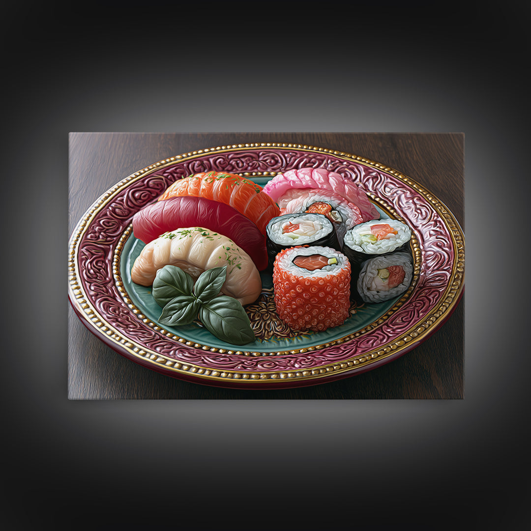 Sushi Fish and Ceramic Plate Composition Framed Canvas Print, Restaurant Art, Fine Art Print, Restaurant Decor, Bistro, RES-3x2-81