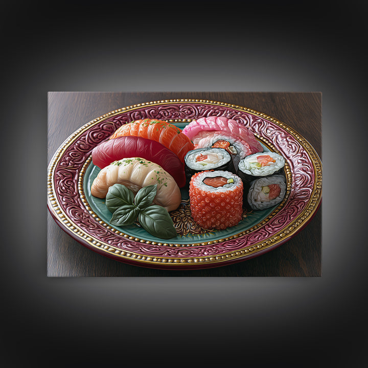 Sushi Fish and Ceramic Plate Composition Framed Canvas Print, Restaurant Art, Fine Art Print, Restaurant Decor, Bistro, RES-3x2-81