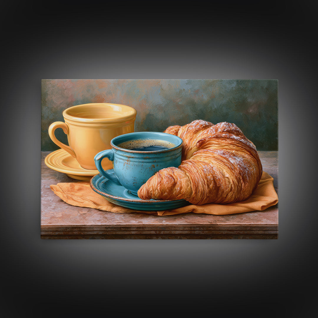 French Bistro Coffee and Croissant Still Life Framed Canvas Print, Restaurant Art, Food Art, Restaurant Decor, Oil Painting, RES-3x2-82