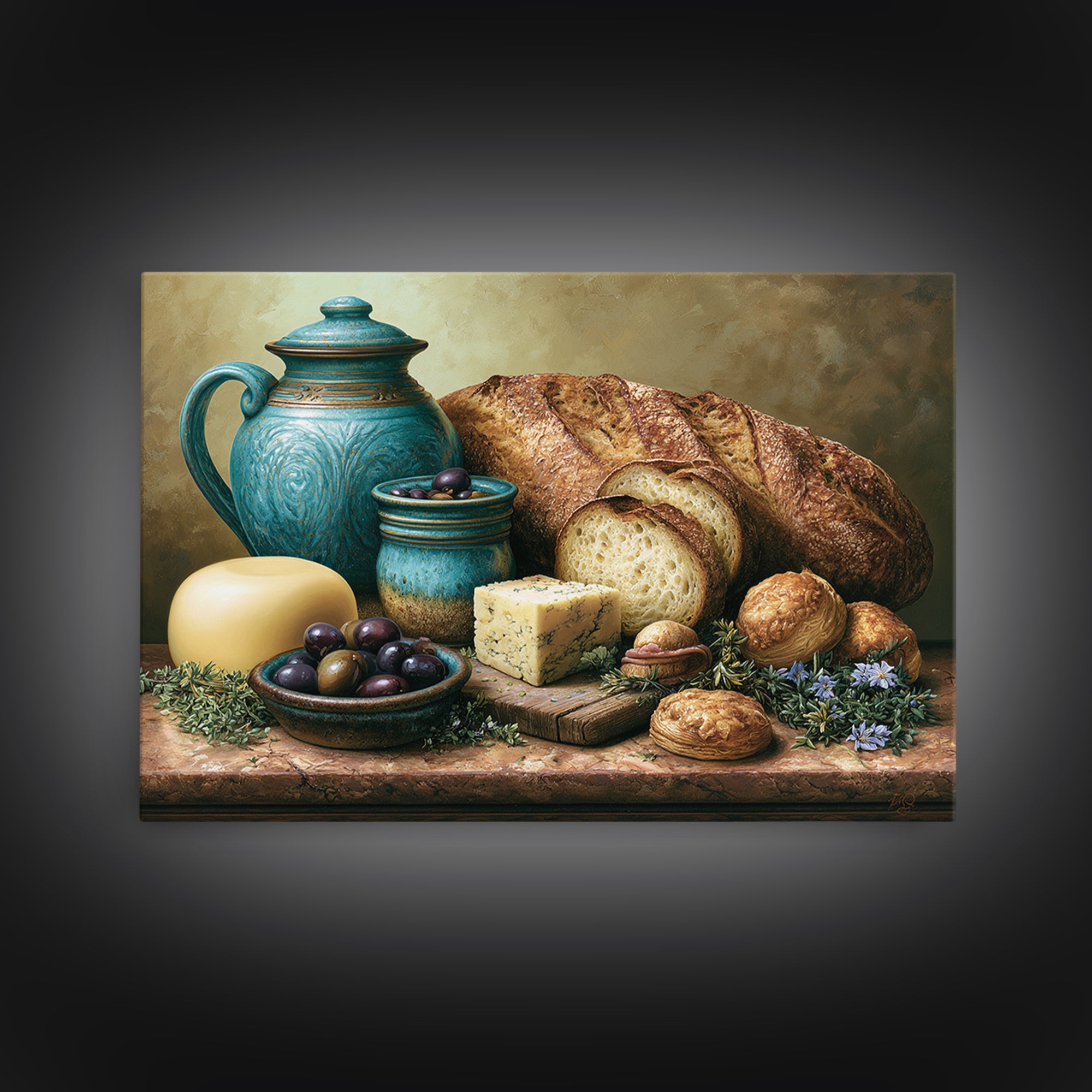 Mediterranean Olives Bread and Cheese Board Framed Canvas Print, Restaurant Art, Statement Artwork, Restaurant Decor, Bistro, RES-3x2-85