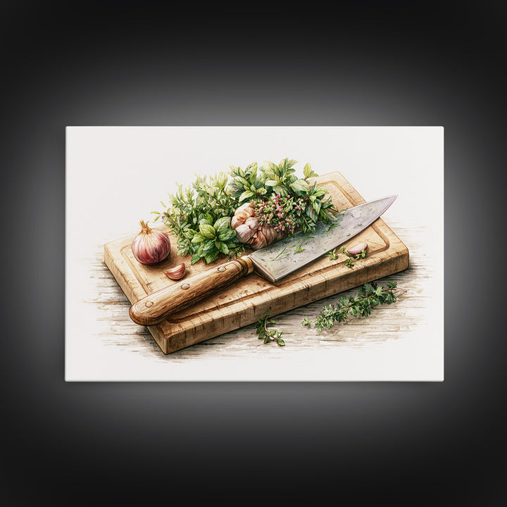 Chef Knife Herbs and Cutting Board Still Canvas Print, Restaurant Art, Boho Decor, Restaurant Decor, Oil Painting, Bistro, RES-3x2-89