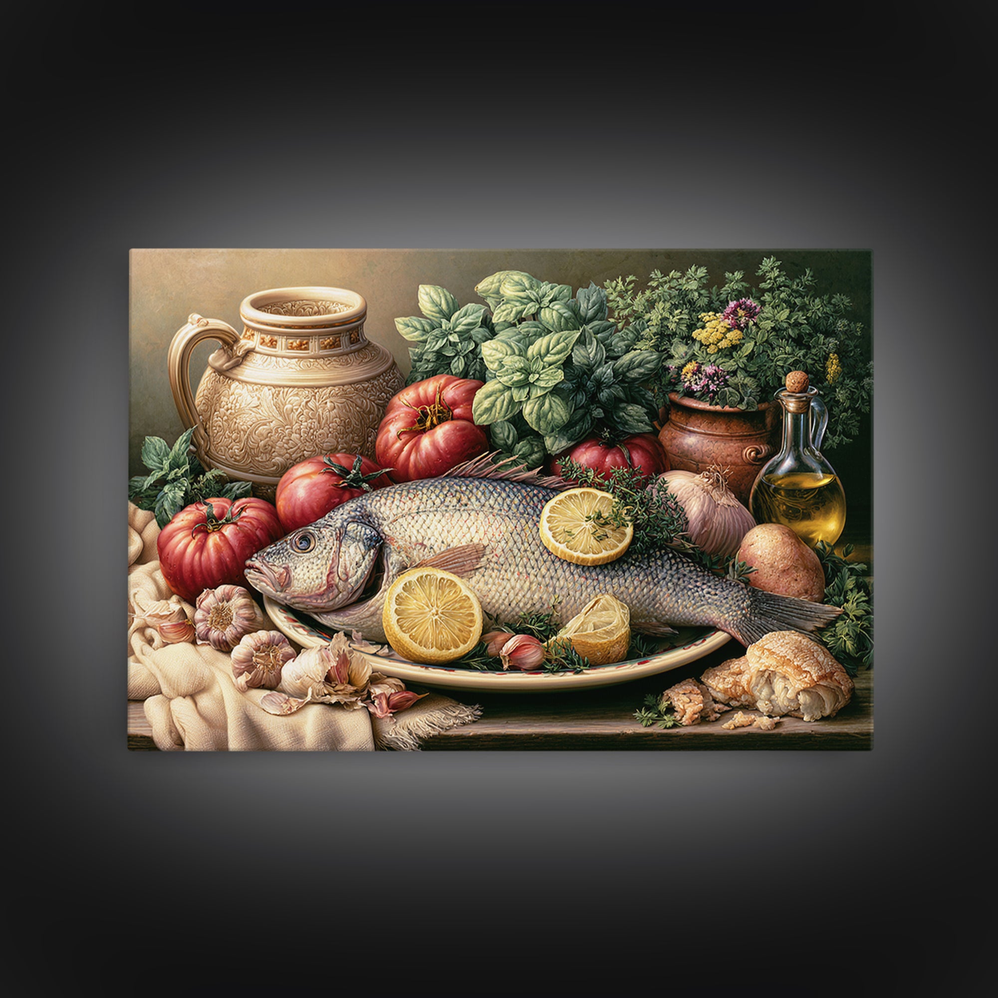 Fresh Fish with Lemon and Herbs Framed Canvas Print, Restaurant Art, Kitchen Decor, Restaurant Decor, Fine Art, Bistro, RES-3x2-99