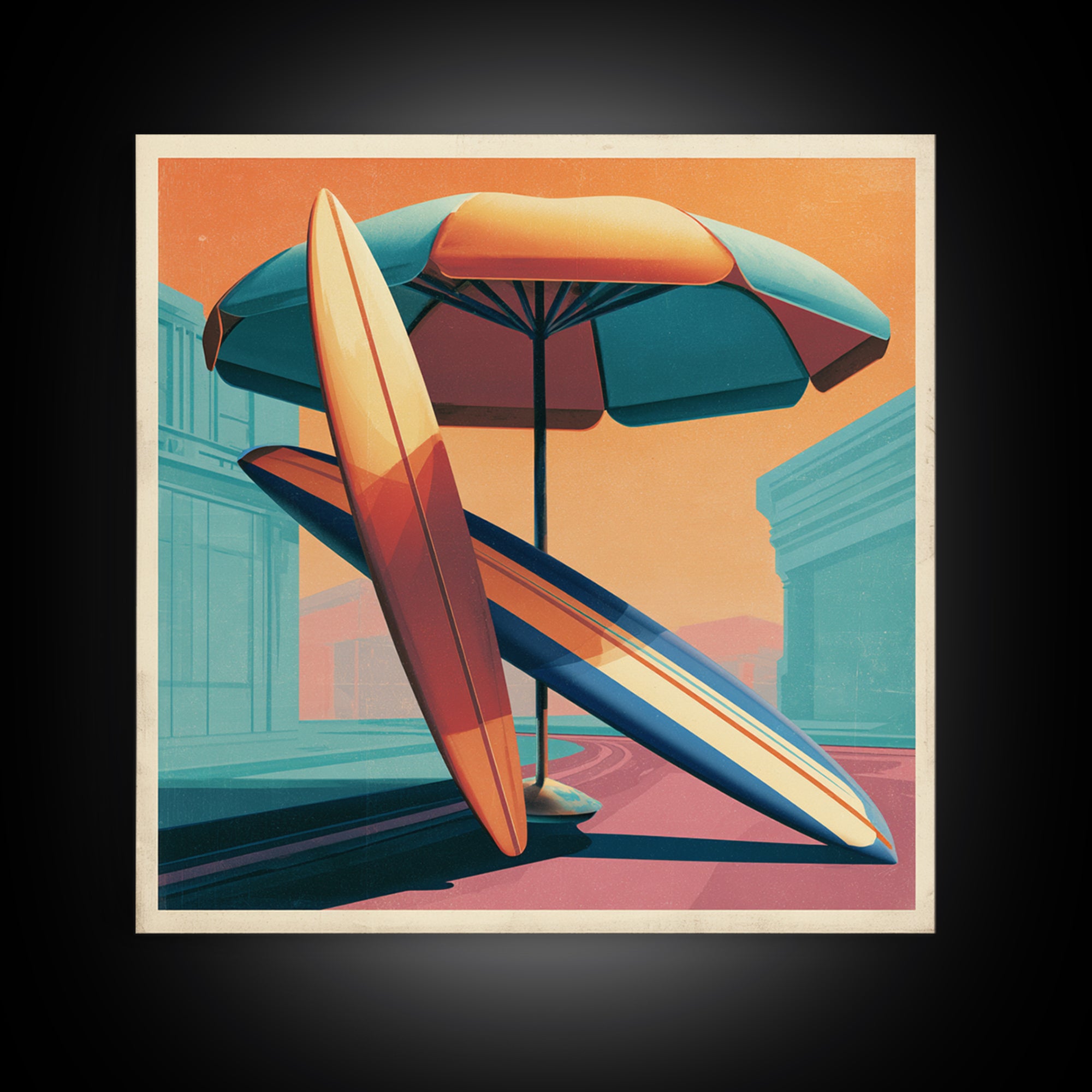 Retro Beach Umbrella and Surfboard Canvas Print, Retro Art, Printable Art, Living Room Decor, Fine Art, Retro, Funky Wall Art, RET-1x1-18