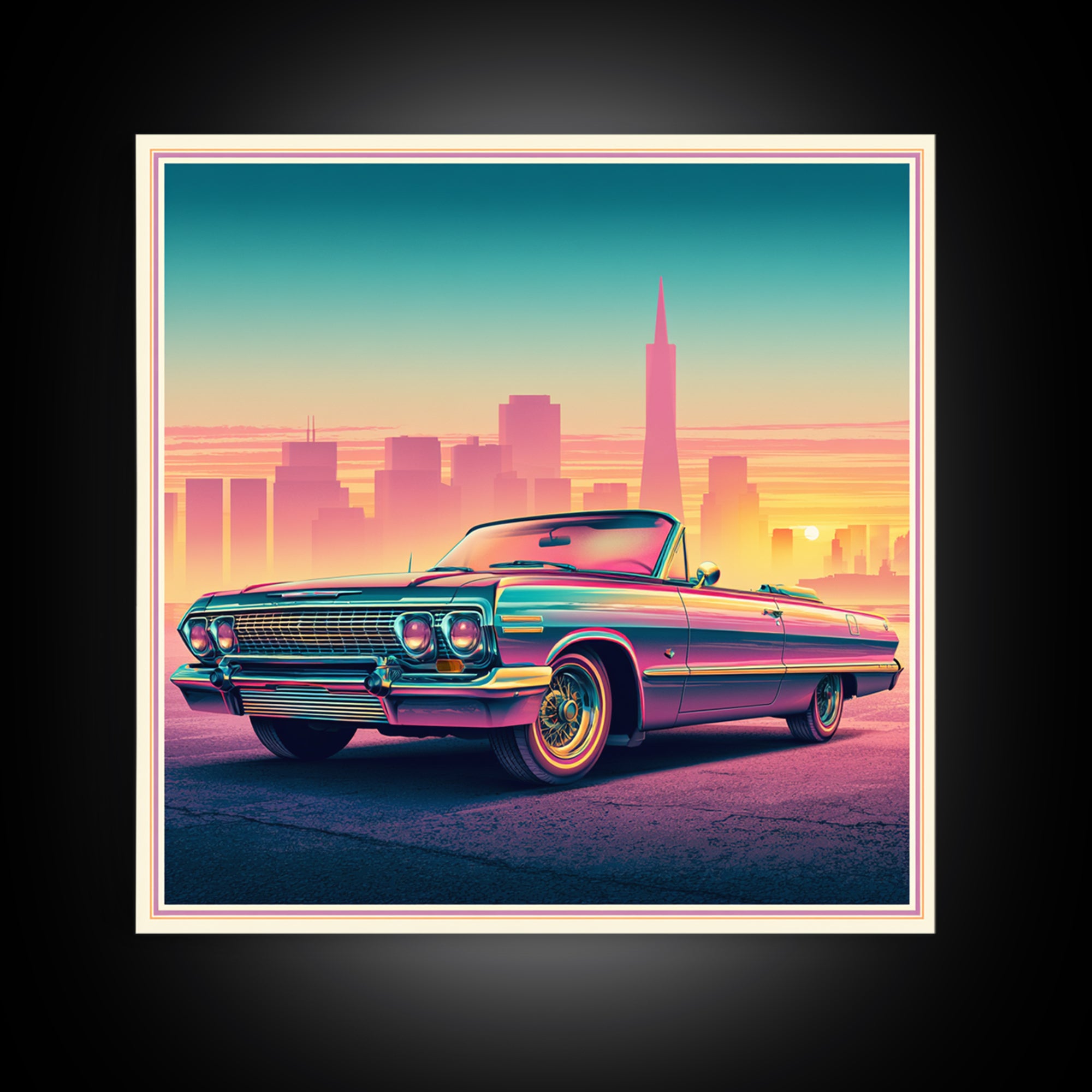 Classic Convertible at Pink Sunset Framed Canvas Print, Retro Art, Bedroom Wall Art, Living Room Decor, Watercolor Art, Retro, RET-1x1-34