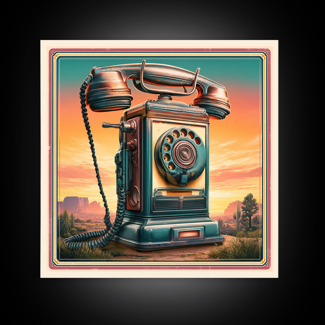 Old Telephone in Bold Color Field Framed Canvas Print, Retro Art, Wall Art Print, Living Room Decor, Fine Art, Retro, RET-1x1-46
