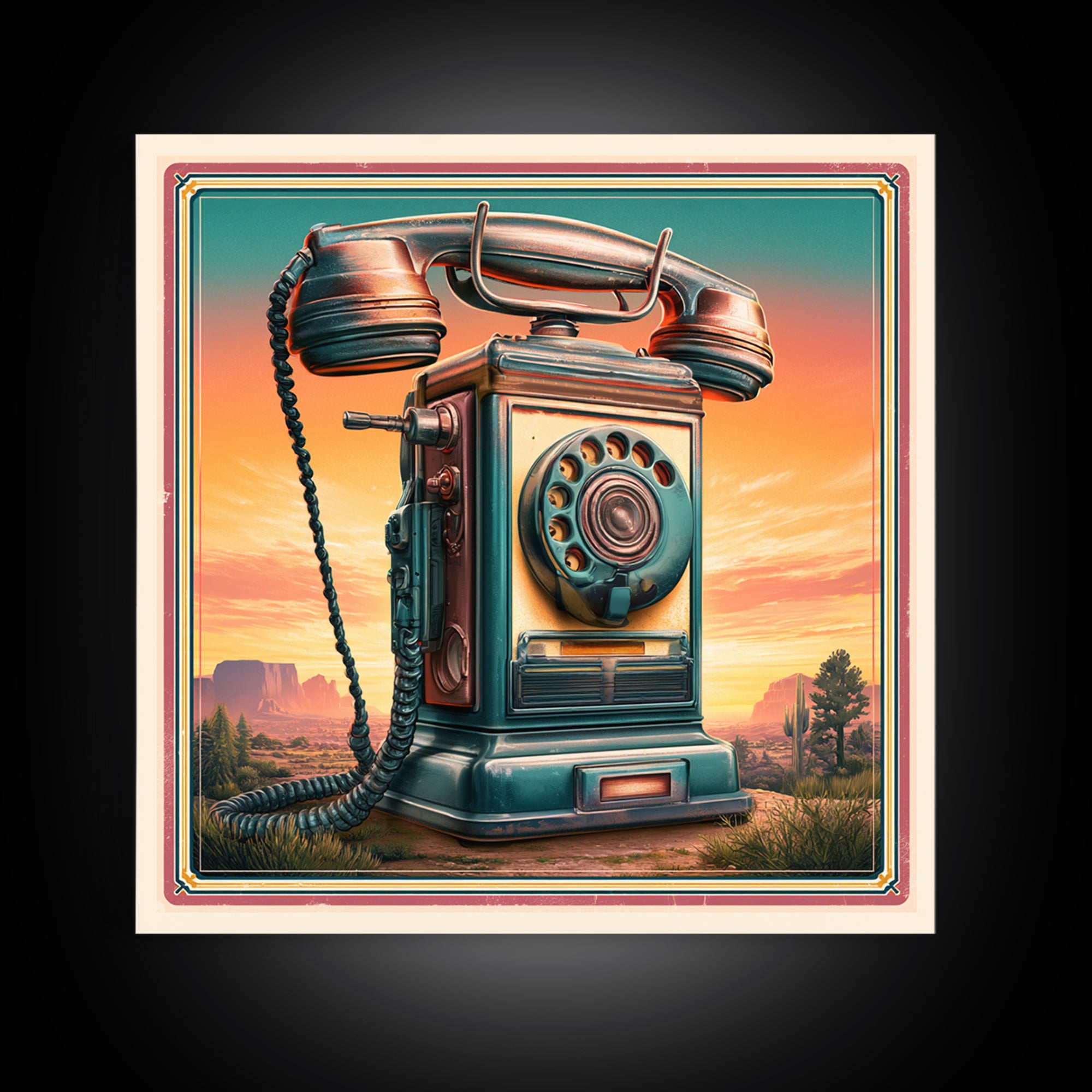 Old Telephone in Bold Color Field Framed Canvas Print, Retro Art, Wall Art Print, Living Room Decor, Fine Art, Retro, RET-1x1-46