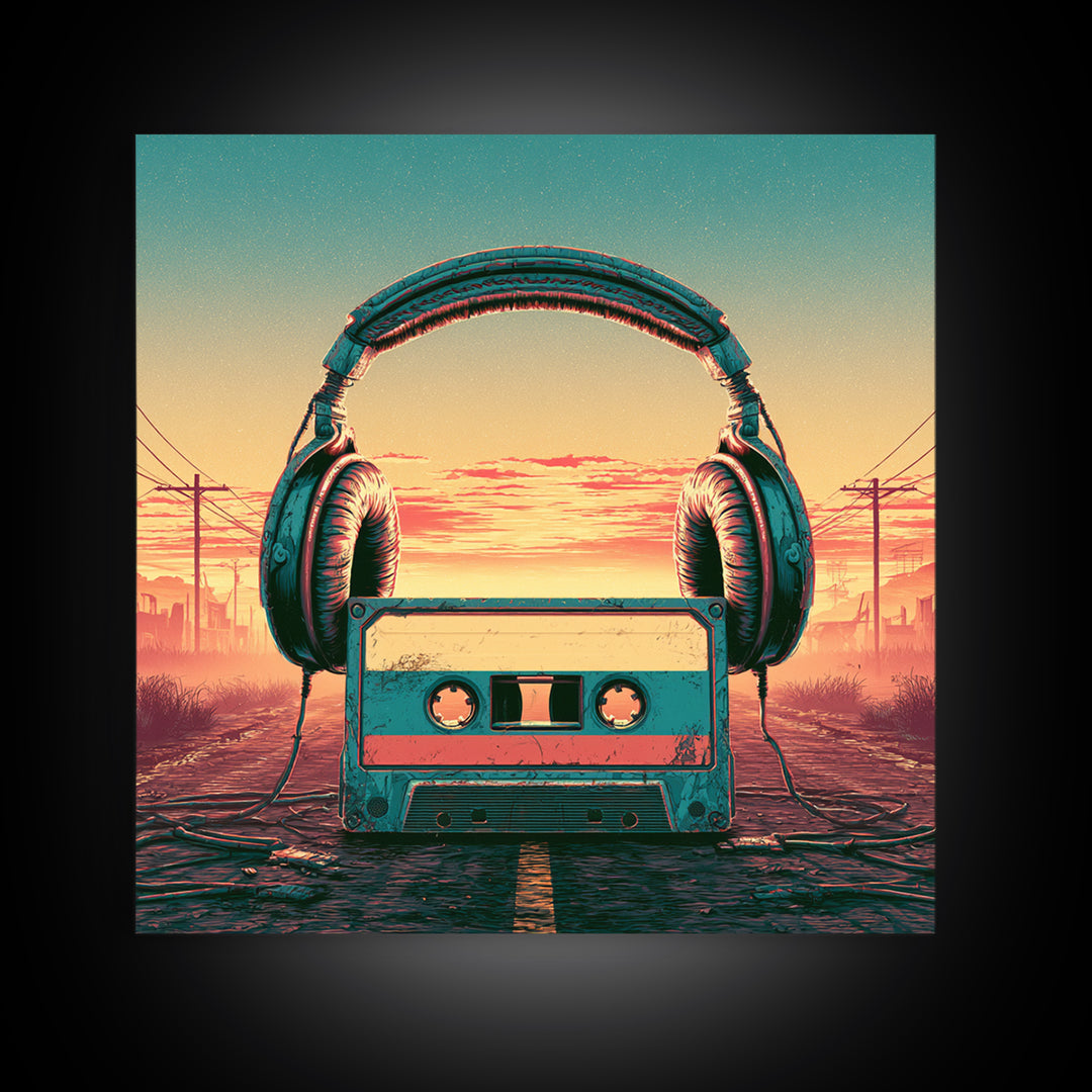 Cassette Tape and Headphones Graphic Canvas Print, Retro Art, Retro Wall Art, Living Room Decor, Oil Painting, Retro, RET-1x1-54
