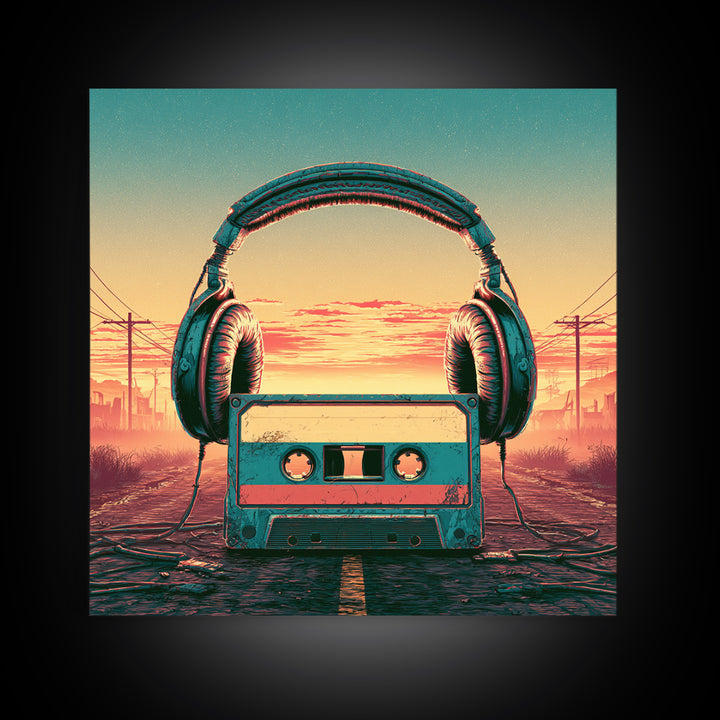 Cassette Tape and Headphones Graphic Canvas Print, Retro Art, Retro Wall Art, Living Room Decor, Oil Painting, Retro, RET-1x1-54