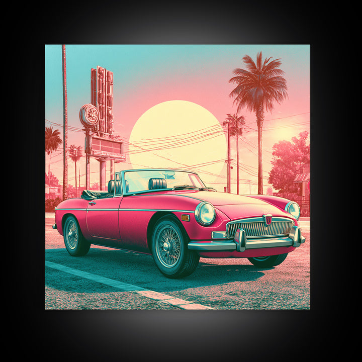 Classic Convertible at Pink Sunset Framed Canvas Print, Retro Art, Bedroom Wall Art, Living Room Decor, Watercolor Art, Retro, RET-1x1-58