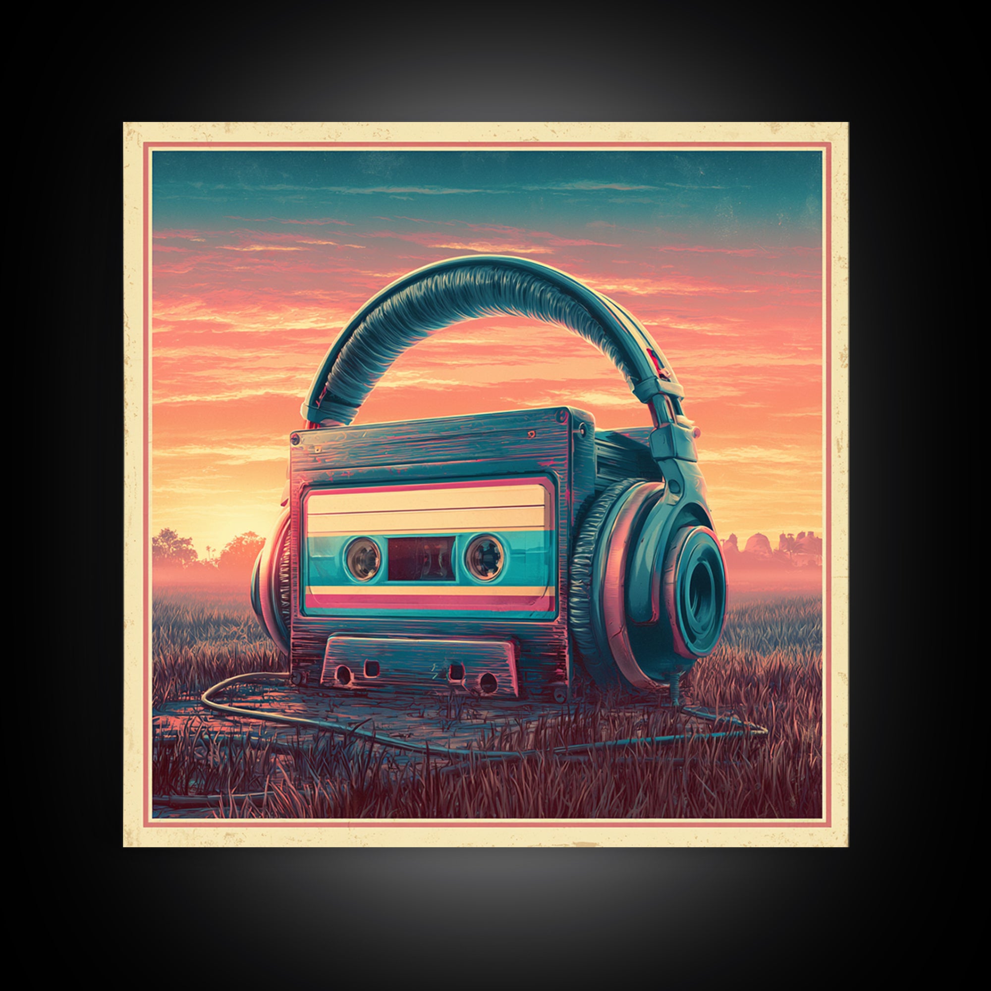 Cassette Tape and Headphones Graphic Framed Canvas Print, Retro Art, Gallery Decor, Living Room Decor, Fine Art, Retro, RET-1x1-78