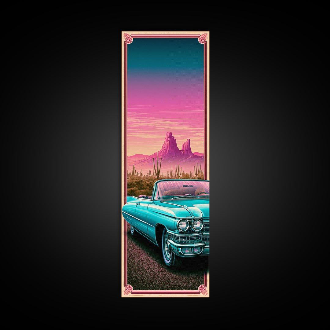 Classic Convertible at Pink Sunset Framed Canvas Print, Retro Art, Cat Art, Living Room Decor, Fine Art, Retro, RET-1x3-70