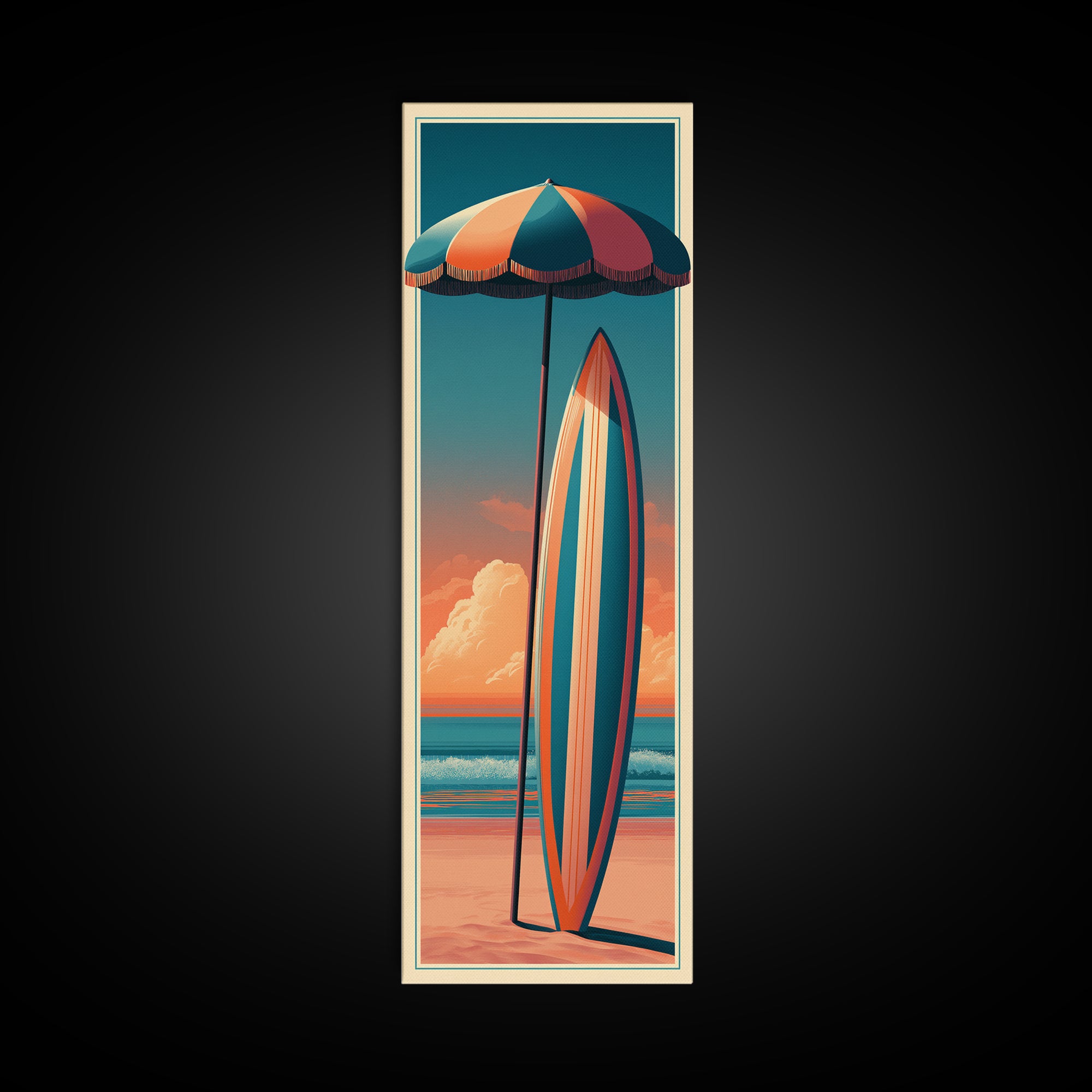 Retro Beach Umbrella and Surfboard Canvas Print, Retro Art, Floral Wall Art, Living Room Decor, Retro, Minimalist Decor, RET-1x3-78