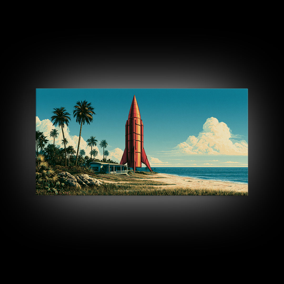Space Age Rocket Poster Scene Framed Canvas Print, Retro Art, Fine Art Print, Living Room Decor, Fine Art, Retro, Wall Decor, RET-2x1-27