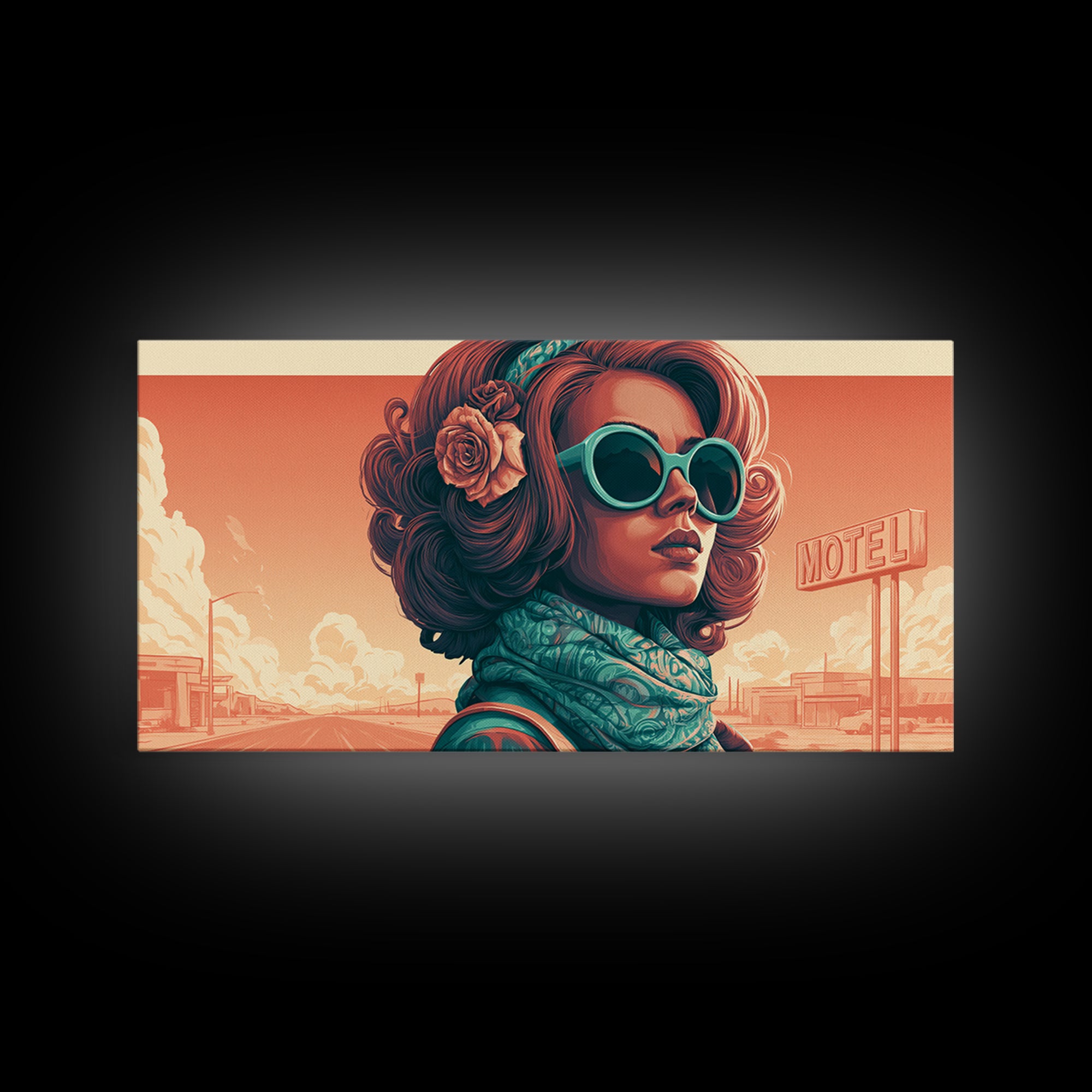 Mod Woman in Sunglasses and Scarf Framed Canvas Print, Retro Art, Minimalist Decor, Living Room Decor, Fine Art, Retro, RET-2x1-28