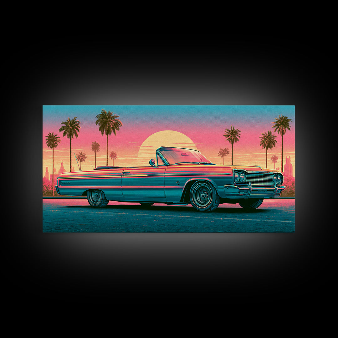 Classic Convertible at Pink Sunset Framed Canvas Print, Retro Art, Luxury Decor, Living Room Decor, Fine Art, Retro, RET-2x1-30