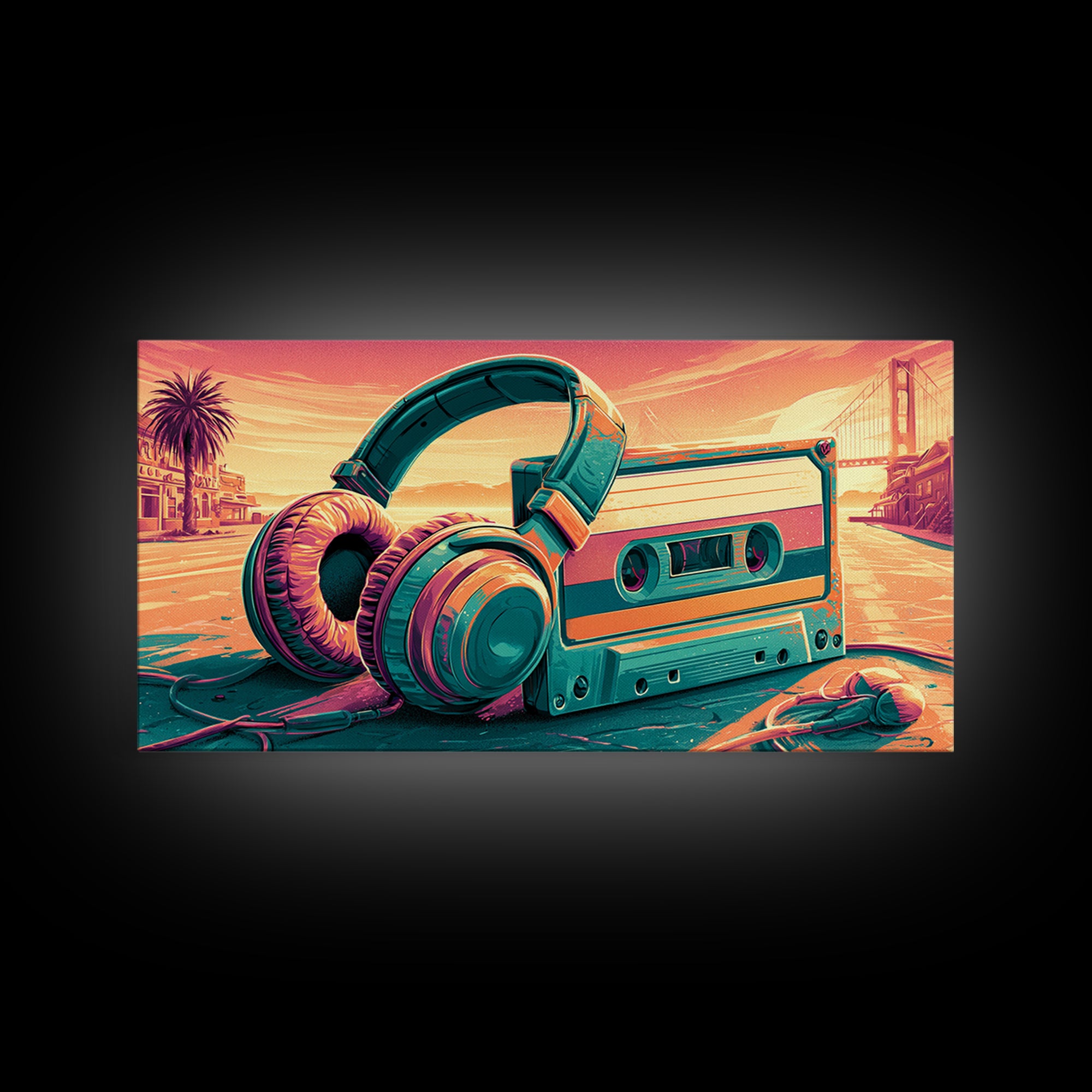 Cassette Tape and Headphones Graphic Framed Canvas Print, Retro Art, Minimalist Decor, Living Room Decor, Fine Art, Retro, RET-2x1-50
