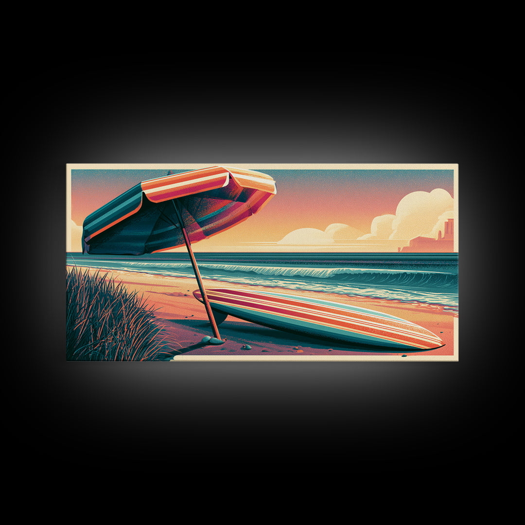 Retro Beach Umbrella and Surfboard Canvas Print, Retro Art, Room Decor, Living Room Decor, Oil Painting, Retro, Wall Art Prints, RET-2x1-62