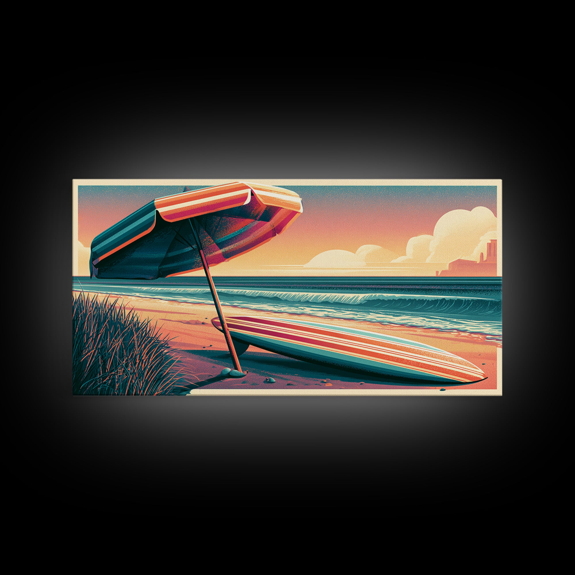 Retro Beach Umbrella and Surfboard Canvas Print, Retro Art, Room Decor, Living Room Decor, Oil Painting, Retro, Wall Art Prints, RET-2x1-62