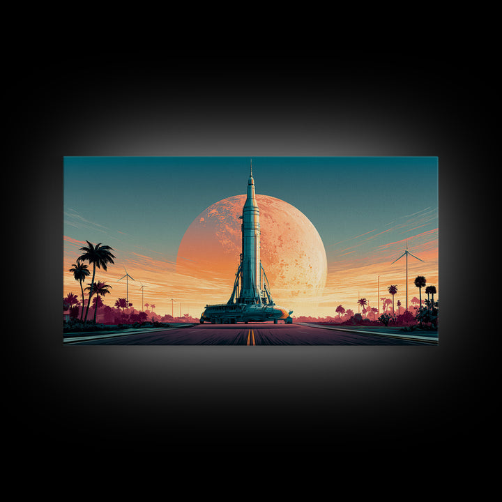 Space Age Rocket Poster Scene Framed Canvas Print, Retro Art, Boho Decor, Living Room Decor, Fine Art, Retro, Posters, RET-2x1-75