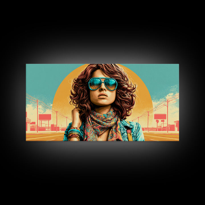 Mod Woman in Sunglasses and Scarf Canvas Print, Retro Art, Apartment Decor, Living Room Decor, Fine Art, Retro, Cat Art, RET-2x1-76