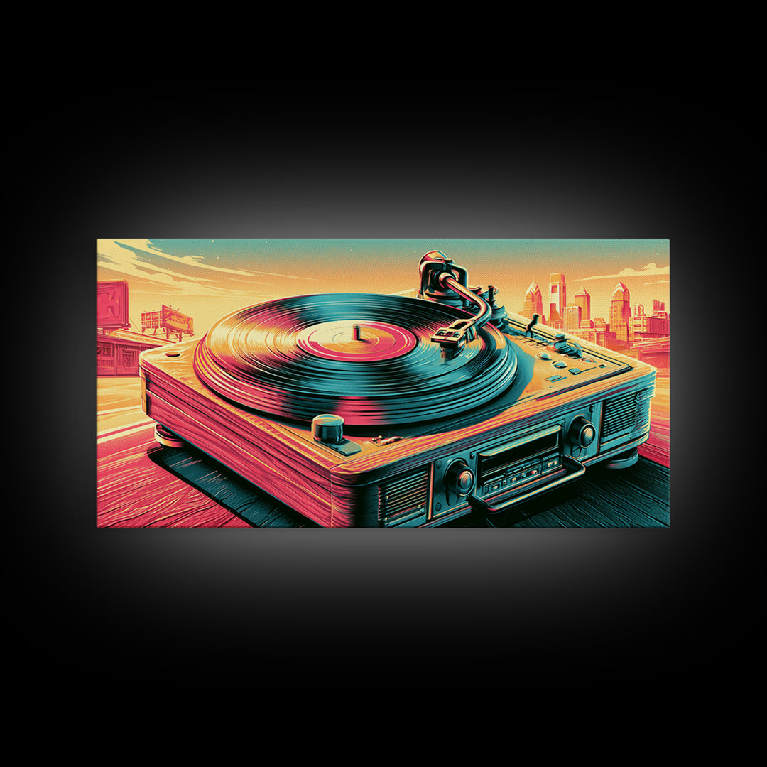 Vinyl Record Player Framed Canvas Print, Retro Art, Printable Art, Living Room Decor, Fine Art, Retro, Funky Wall Art, RET-2x1-80