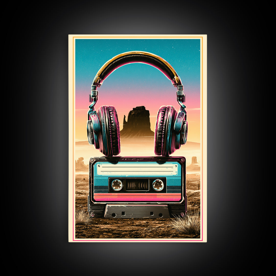 Cassette Tape and Headphones Graphic Canvas Print, Retro Art, Art Print, Living Room Decor, Oil Painting, Retro, RET-2x3-14