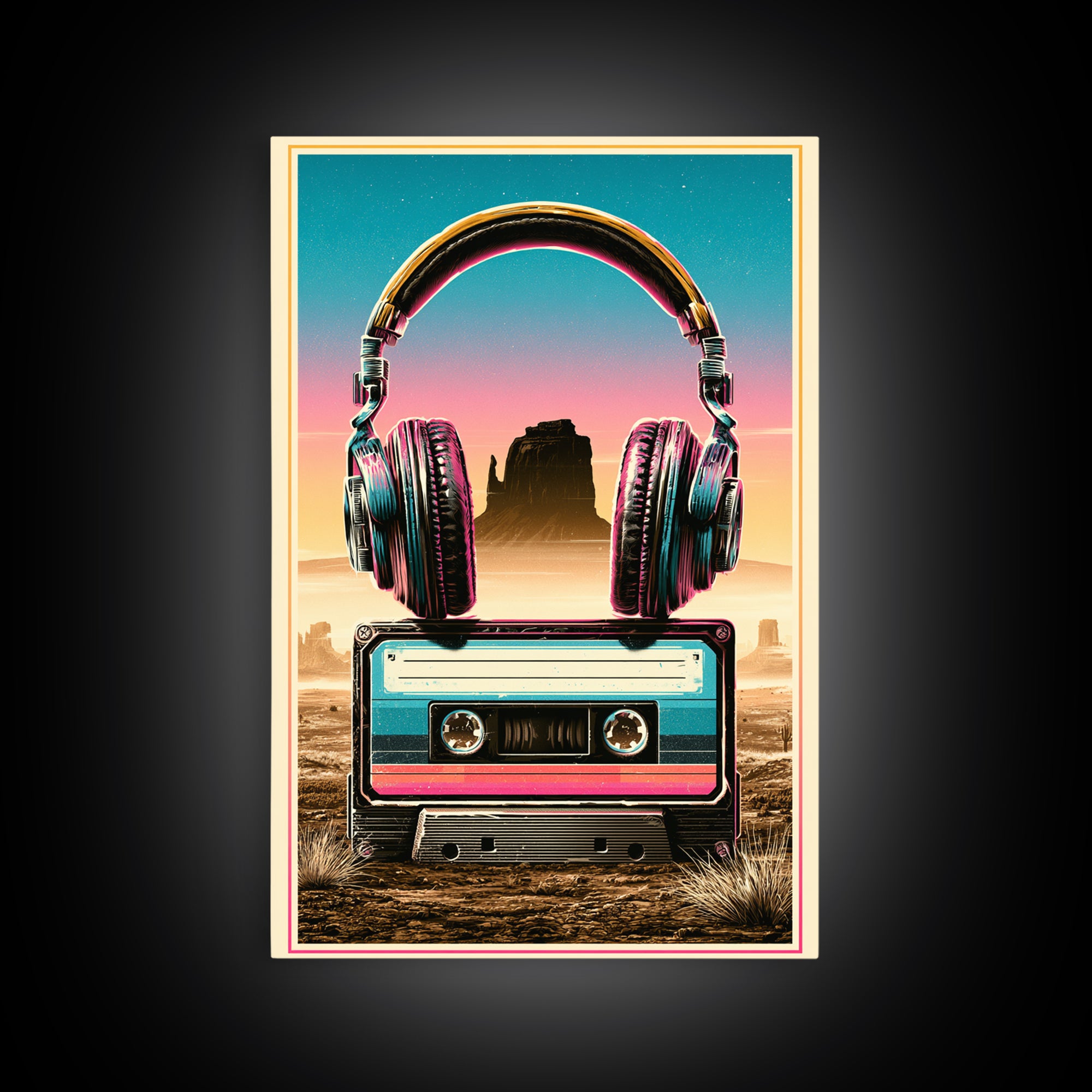 Cassette Tape and Headphones Graphic Canvas Print, Retro Art, Art Print, Living Room Decor, Oil Painting, Retro, RET-2x3-14