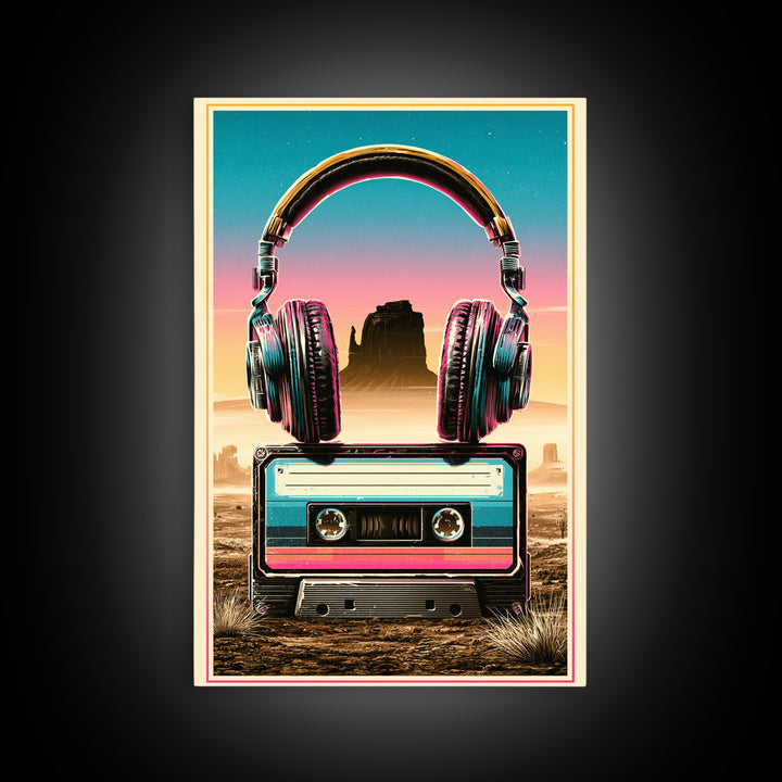 Cassette Tape and Headphones Graphic Canvas Print, Retro Art, Art Print, Living Room Decor, Oil Painting, Retro, RET-2x3-14
